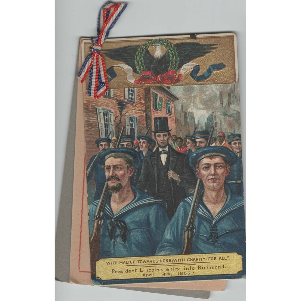 Vintage Lincoln Entry Into Richmond 1865 Chromolithograph Card Patriotic Ribbon - Picture 1 of 2